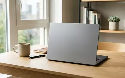Ein schlanker, grauer Laptop auf einem minimalistischen Holztisch in einem hellen Büro. - Foto: über boerse-global.de