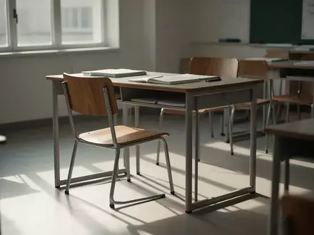 Ein leerer Schreibtisch in einem hellen, modernen Klassenzimmer mit natürlichem Lichteinfall. - Foto: über boerse-global.de