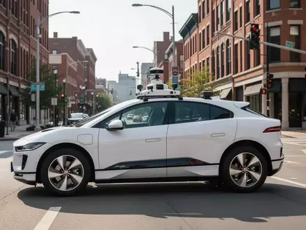 Ein weißer Jaguar I-PACE mit Sensoren auf dem Dach fährt durch eine städtische Umgebung in Cincinnati. - Foto: über boerse-global.de
