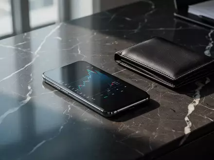 Ein Smartphone und eine Brieftasche liegen auf einem dunklen Marmortisch, was regulatorische Fragen zu digitalen Zahlungen symbolisiert. - Foto: über boerse-global.de