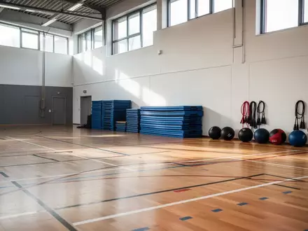 Leere Sporthalle mit aufgestapelten Gymnastikmatten und Fitnessgeräten auf einem polierten Hallenboden. - Foto: über boerse-global.de