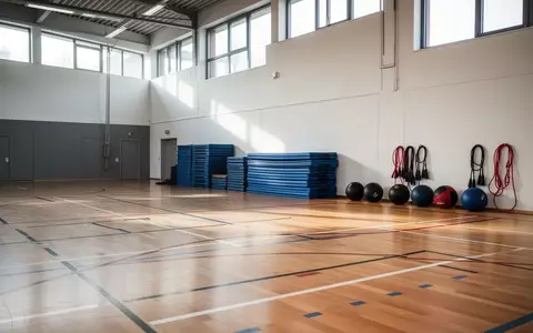 Leere Sporthalle mit aufgestapelten Gymnastikmatten und Fitnessgeräten auf einem polierten Hallenboden. - Foto: über boerse-global.de