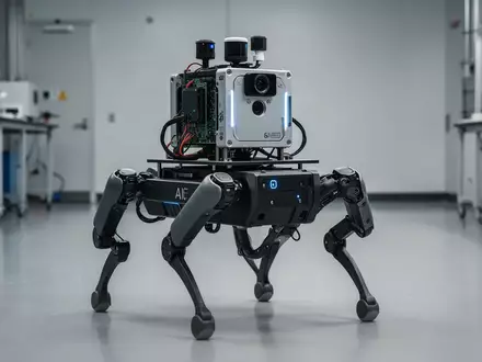 Ein vierbeiniger Roboter mit einem montierten KI-Kit, LiDAR-Sensoren und einer Tiefenkamera in einer Laborumgebung. - Foto: über boerse-global.de