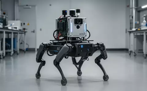 Ein vierbeiniger Roboter mit einem montierten KI-Kit, LiDAR-Sensoren und einer Tiefenkamera in einer Laborumgebung. - Foto: über boerse-global.de