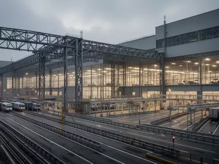 Ein großes, modernes Automobilwerk in der Dämmerung mit weitläufigen Industriehallen und leerem Werksgelände. - Foto: über boerse-global.de