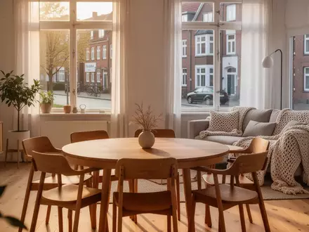Ein helles, modern eingerichtetes Wohnzimmer einer Wohngemeinschaft mit einem Esstisch und Stühlen in einer Altbauwohnung. - Foto: über boerse-global.de