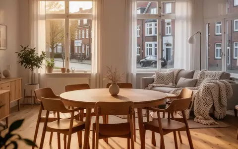 Ein helles, modern eingerichtetes Wohnzimmer einer Wohngemeinschaft mit einem Esstisch und Stühlen in einer Altbauwohnung. - Foto: über boerse-global.de