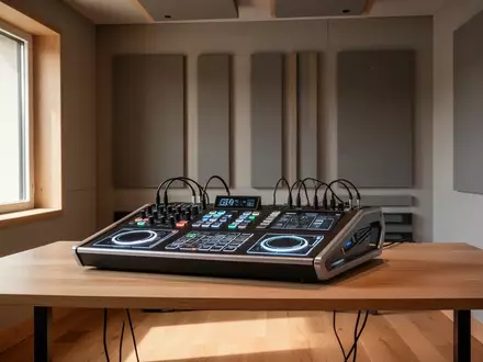 Ein minimalistisches, schallisoliertes Musikstudio mit einem experimentellen digitalen Musikinstrument auf einem Holztisch. - Foto: über boerse-global.de
