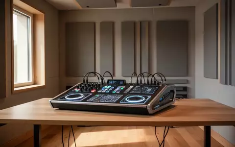 Ein minimalistisches, schallisoliertes Musikstudio mit einem experimentellen digitalen Musikinstrument auf einem Holztisch. - Foto: über boerse-global.de