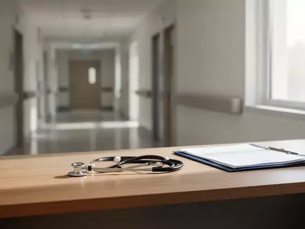 Ein minimalistisches, helles Behandlungszimmer in einer Klinik mit einem Stethoskop und einer Akte auf einem Schreibtisch. - Foto: über boerse-global.de