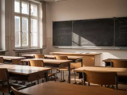 Ein leerer Klassenraum mit Schulbänken und einer Tafel in einer deutschen Schule bei Tageslicht. - Foto: über boerse-global.de
