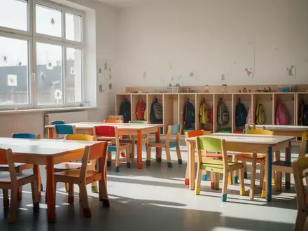 Ein leerer Gruppenraum in einer Kindertagesstätte mit ordentlich aufgestellten Stühlen und Tischen bei hellem Tageslicht. - Foto: über boerse-global.de