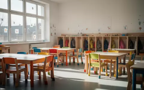Ein leerer Gruppenraum in einer Kindertagesstätte mit ordentlich aufgestellten Stühlen und Tischen bei hellem Tageslicht. - Foto: über boerse-global.de