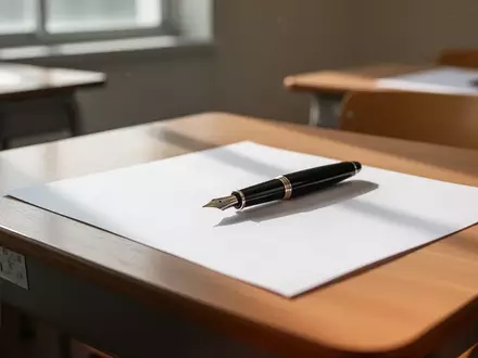 Ein Füllfederhalter liegt auf einem leeren Blatt Papier auf einem hölzernen Schultisch in einem hellen Klassenzimmer. - Foto: über boerse-global.de