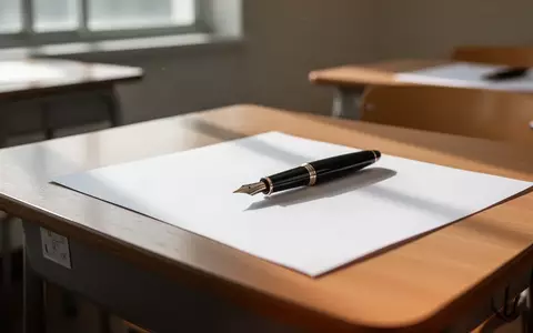 Ein Füllfederhalter liegt auf einem leeren Blatt Papier auf einem hölzernen Schultisch in einem hellen Klassenzimmer. - Foto: über boerse-global.de