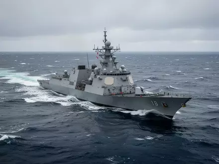 Ein graues Kriegsschiff der Deutschen Marine auf dem stürmischen Nordatlantik bei bewölktem Himmel. - Foto: über boerse-global.de