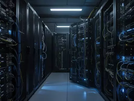 Dunkler Serverraum mit Reihen von Server-Racks und blauer Beleuchtung als Symbol für Cyberkriminalität. - Foto: über boerse-global.de
