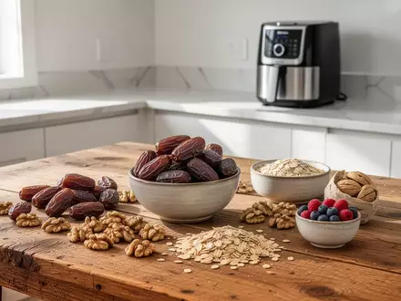 Gesunde Zutaten wie Datteln, Nüsse und Beeren auf einem Holztisch in einer modernen, hellen Küche. - Foto: über boerse-global.de