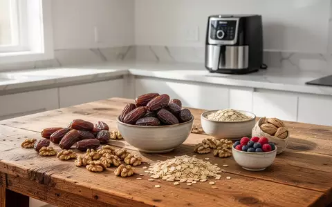 Gesunde Zutaten wie Datteln, Nüsse und Beeren auf einem Holztisch in einer modernen, hellen Küche. - Foto: über boerse-global.de