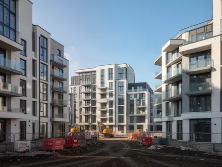 Moderne Wohngebäude auf einer Baustelle bei Tageslicht. - Foto: über boerse-global.de