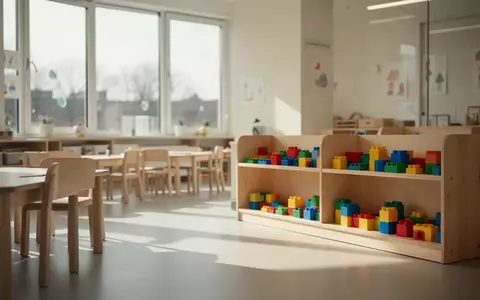 Ein heller, minimalistischer Gruppenraum in einer Kindertagesstätte mit Holzmöbeln und geordneten Spielmaterialien. - Foto: über boerse-global.de