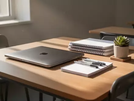 Ein aufgeräumter Schreibtisch in einem modernen Klassenzimmer mit einem geschlossenen Laptop und Schreibutensilien bei Tageslicht. - Foto: über boerse-global.de