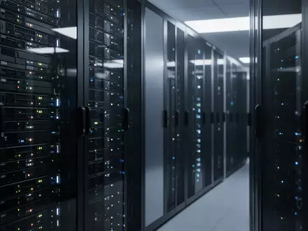 Moderne Serverräume mit dunklen Racks und dezenter blauer Beleuchtung zur Darstellung sicherer Cloud-Infrastruktur. - Foto: über boerse-global.de