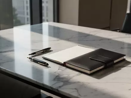 Ein minimalistischer Bürotisch mit einem leeren Notizbuch und einem Füller in einem hellen, professionellen Büro. - Foto: über boerse-global.de