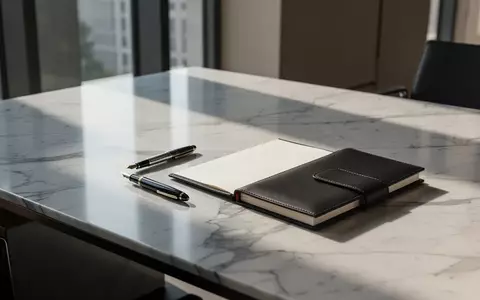 Ein minimalistischer Bürotisch mit einem leeren Notizbuch und einem Füller in einem hellen, professionellen Büro. - Foto: über boerse-global.de