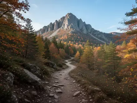 Ein gewundener Bergwanderweg führt durch einen herbstlichen Wald auf einen fernen Gipfel zu. - Foto: über boerse-global.de