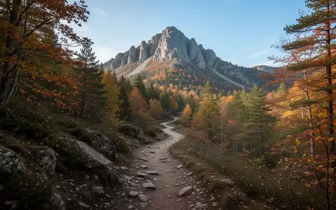 Ein gewundener Bergwanderweg führt durch einen herbstlichen Wald auf einen fernen Gipfel zu. - Foto: über boerse-global.de