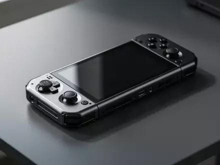 Ein hochwertiges, kompaktes Gaming-Handheld-Gerät in einem minimalistischen, dunklen Büro-Setup. - Foto: über boerse-global.de