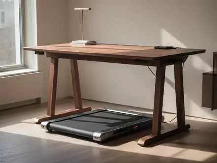 Ein minimalistisches Heimbüro mit einem Walking-Pad unter einem höhenverstellbaren Schreibtisch bei natürlichem Tageslicht. - Foto: über boerse-global.de