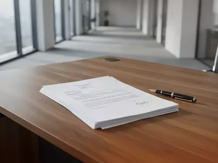 Ein minimalistischer Büroschreibtisch mit leeren Rechtsdokumenten und einem Füllfederhalter in einem hellen, modernen Büro. - Foto: über boerse-global.de