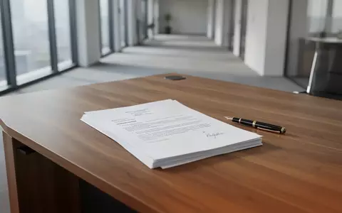 Ein minimalistischer Büroschreibtisch mit leeren Rechtsdokumenten und einem Füllfederhalter in einem hellen, modernen Büro. - Foto: über boerse-global.de