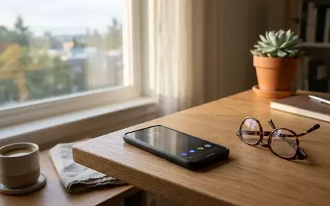 Ein modernes Smartphone liegt neben einer Brille auf einem minimalistischen Holztisch bei natürlichem Licht. - Foto: über boerse-global.de