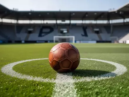 Ein klassischer Fußball liegt auf dem grünen Rasen eines Sportplatzes vor leeren Zuschauerrängen. - Foto: über boerse-global.de