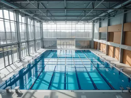 Modernes Hallenbad mit einem leeren 25-Meter-Sportbecken und großen Fensterfronten bei hellem Tageslicht. - Foto: über boerse-global.de