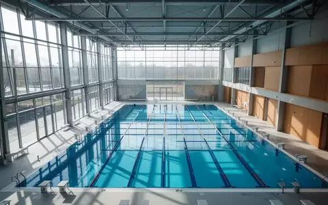 Modernes Hallenbad mit einem leeren 25-Meter-Sportbecken und großen Fensterfronten bei hellem Tageslicht. - Foto: über boerse-global.de