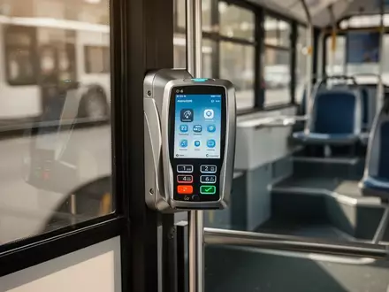 Ein modernes, kontaktloses Bezahlterminal in einem öffentlichen Bus vor dem Hintergrund unbesetzter Sitzreihen. - Foto: über boerse-global.de