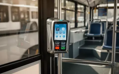Ein modernes, kontaktloses Bezahlterminal in einem öffentlichen Bus vor dem Hintergrund unbesetzter Sitzreihen. - Foto: über boerse-global.de