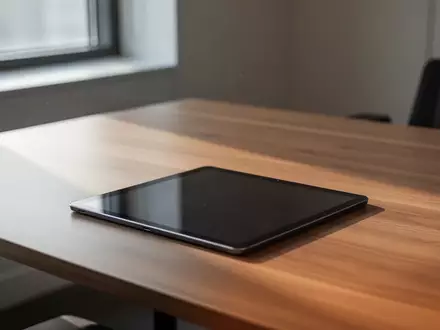 Ein minimalistischer Arbeitsplatz mit einem ausgeschalteten Tablet auf einem Holztisch bei natürlichem Tageslicht. - Foto: über boerse-global.de