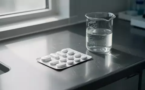 Ein Blister mit Medikamenten liegt auf einem sauberen Labortisch neben einem Glasbecher in einer hellen, klinischen Umgebung. - Foto: über boerse-global.de