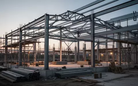 Stahlgerüst einer Baustelle während der Dämmerung als Symbol für digitale Prozessoptimierung im Bauwesen. - Foto: über boerse-global.de