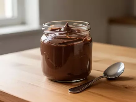 Ein Glas mit Nuss-Nougat-Creme steht neben einem silbernen Löffel auf einem Holztisch bei natürlichem Lichteinfall. - Foto: über boerse-global.de