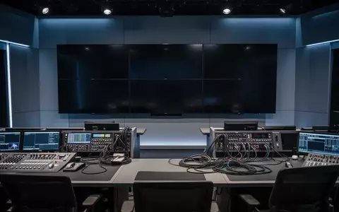 Ein modernes, unbesetztes Broadcast-Studio mit professionellen Monitoren und Mischpulten in einer Produktionsumgebung. - Foto: über boerse-global.de