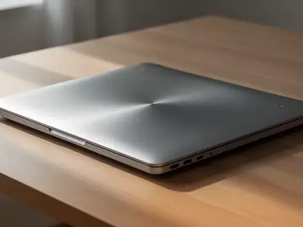 Ein minimalistisches, gebürstetes Aluminiumgehäuse eines Laptops auf einem Holztisch bei natürlichem Licht. - Foto: über boerse-global.de