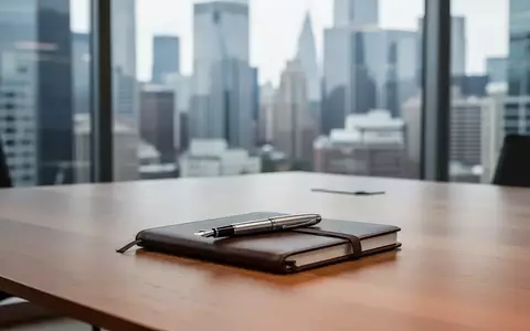 Ein minimalistischer Konferenzraum mit Blick auf ein Finanzviertel und einem Notizbuch auf einem Holztisch. - Foto: über boerse-global.de