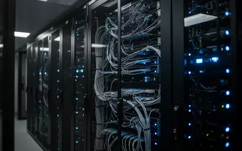 Moderne Serveranlage in einem Rechenzentrum mit blauen LED-Statusleuchten und komplexer Verkabelung. - Foto: über boerse-global.de