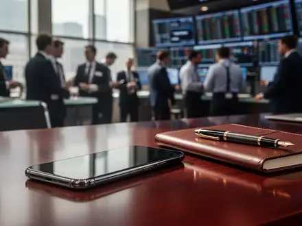 Ein Smartphone auf einem Schreibtisch vor einem unscharfen Handelsraum, symbolisch für eine Finanzanalyse. - Foto: über boerse-global.de